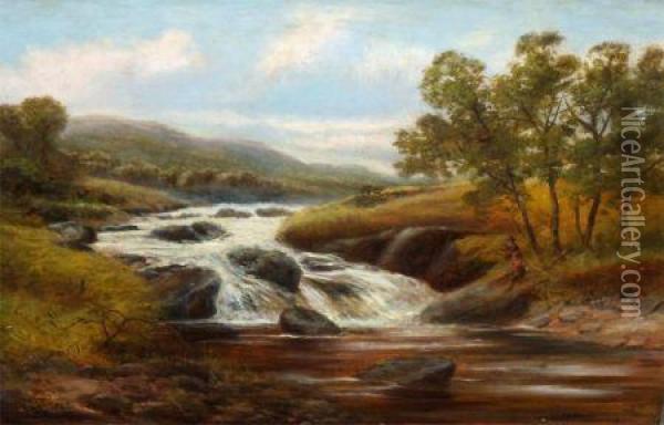 River Landscape With Young Boys Fishing Oil Painting - James Syer