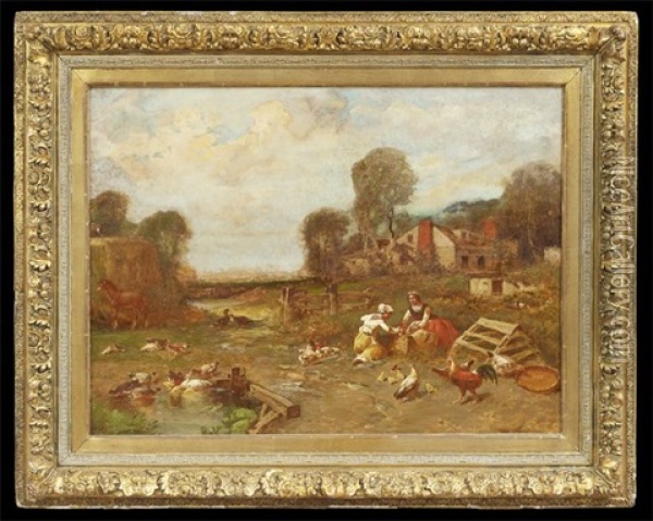 Farmyard Scene With Two Women And Poultry Oil Painting - George Washington Nicholson