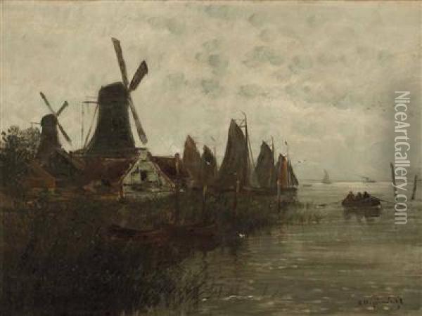 Hollandischer Fischerhafen Mit Windmuhle Oil Painting - Joseph Friedrich N. Heydendahl