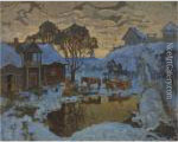Winter Village At Dusk Oil Painting - Konstantin Ivanovich Gorbatov