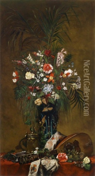 Stillleben Mit Blumen Und Laute Oil Painting - Hugo Charlemont