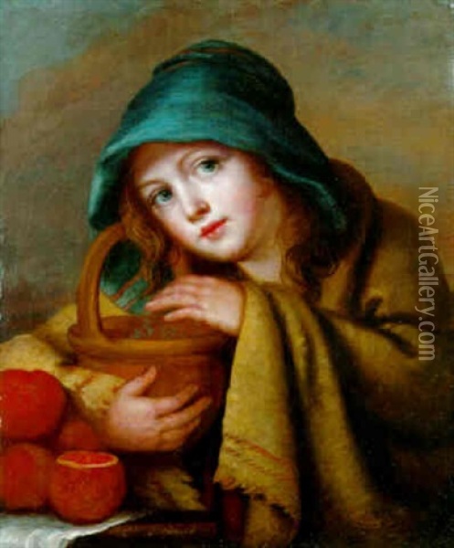 A Beggar Girl Holding A Basket Oil Painting - Jeanne-Philiberte Ledoux