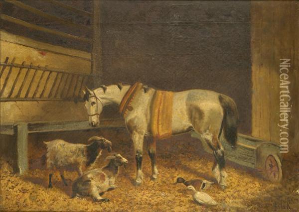 Hunterand Hounds Before A Stable; Stable Interior With Horse, Goats Andducks A Pair Oil Painting - Joseph Clark