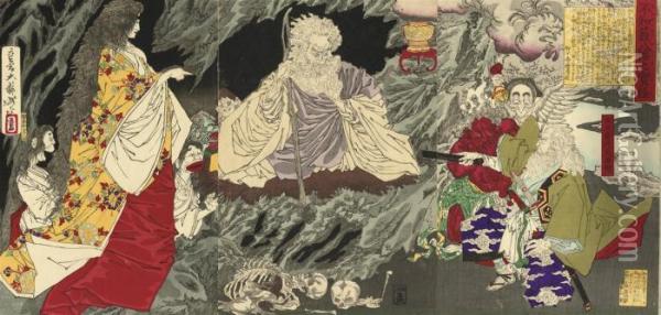 A Triptych Showing Mitokomon 
Mitsukuni-ko Subjugating A Ghost In Yahata, Published By Akiyama Buemon 
In 1881, Very Good Impression, Colour And Condition; And Two Triptychs 
By Yoshitoshi, One Showing Ema, The King Of Hell Flanked By The Spectres
 An Oil Painting - Tsukioka Kinzaburo Yoshitoshi