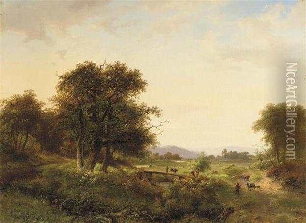 A Wooded Landscape With Figures Oil Painting - Claas Hendrik Meiners