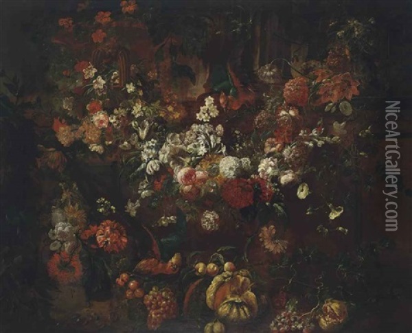 Geums, Roses, Parrot Tulips, Chrysanthemums, Sunflower And Other Flowers In An Architectural Setting, With A Gourd, Grapes, Peaches, Plums, A Pomegranate And Other Fruit With Parrots Oil Painting - Gaspar Pieter Verbrueggen the Elder