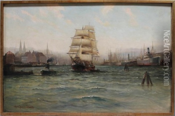 Blick In Den Hamburger Hafen Mit Auslaufendem Segelschiff Oil Painting - Alfred Serenius Jensen