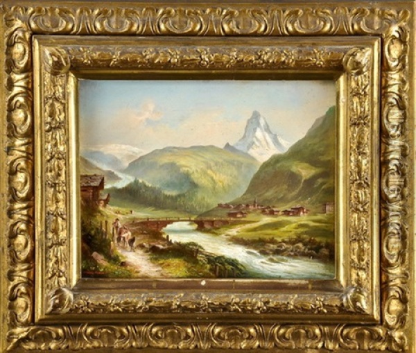 Ansicht Von Zermatt Mit Dem Matterhorn Im Hintergrund Und Einem Bauern Mit Kuh Und Ziege Oil Painting - Hubert Sattler