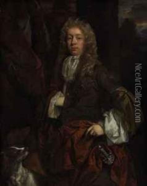 Portrait Of A Young Man, Three-quarter-length, With A Dog Oil Painting - John Riley
