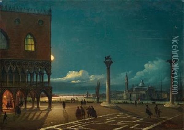 Piazza San Marco By Moonlight Oil Painting - Giovanni Grubas
