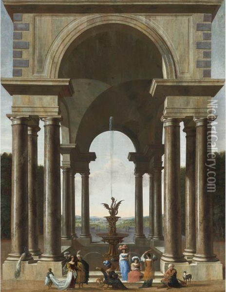 A Classical Portico With An Elegant Company Gathered By Afountain Oil Painting - Jacobus Saeys