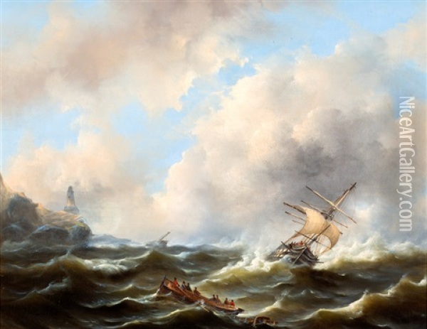 Schepen Op Woeste Zee Voor Een Rotskust Oil Painting - Govert Van Emmerik