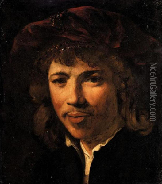 Portrait Of A Gentleman, Head And Shoulders, Wearing A Black Jacket And A Red Cap Oil Painting - Rembrandt Van Rijn