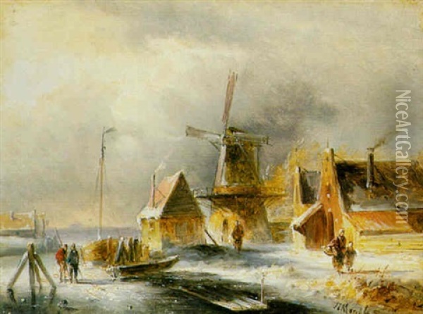 Figures By A Mill In A Winter Landscape Oil Painting - Jan Evert Morel the Younger