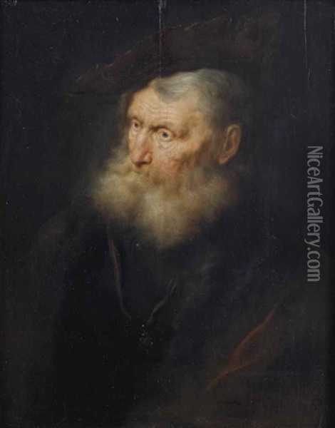 Portrait Of An Old Man, Bust-length, In A Fur Lined Coat With A Small Pendant, And A Velvet Barrett Oil Painting - Salomon Koninck