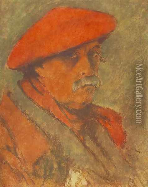 Self-portrait with Red Beret 1924 Oil Painting - Jozsef Rippl-Ronai