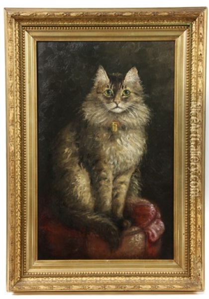 Grey Haired Cat With Bell On Collar, Seated On Tuffet Oil Painting - Percy A. Sanborn