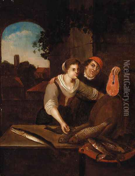 A Fishmonger and a Peasant Woman at a casement Oil Painting - Jan Steen