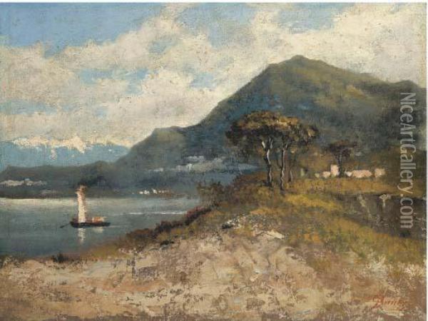 Veduta Del Lago Di Como Con Barca A Vela Oil Painting - Luigi Bertelli