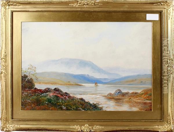 Sailing Boat In A Mountainous Lake Landscape Oil Painting - Arthur Hayes