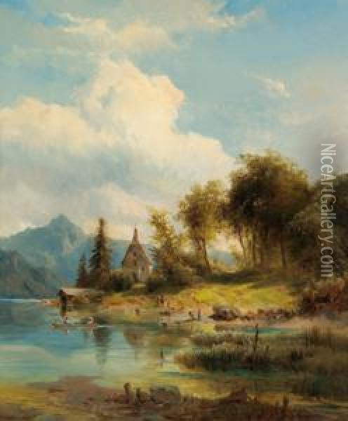 A Chapel On The Lake Side Oil Painting - Ludwig Halauska