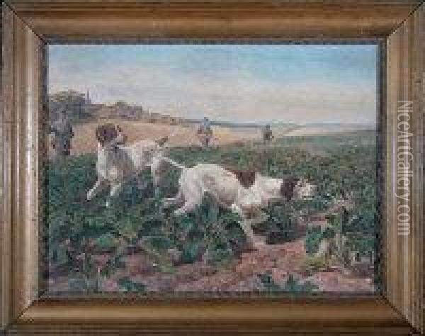 Three Sportsmen And Two Pointers In A Turnip Field Oil Painting - Edmund Caldwell