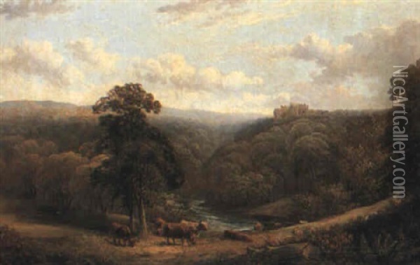 Cattle Above A River Valley, Nawthorden Castle Beyond Oil Painting - Thomas Creswick