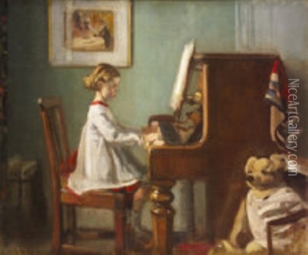 The Artist's Daughter Playing The Piano Oil Painting - William Crampton Gore