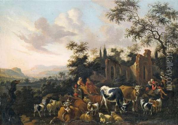 Hirtenidyll Vor Weiter Italienisierender Landschaft Mit Ruinen Oil Painting - Jan van Gool