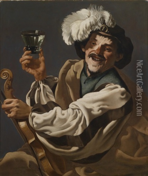 Ein Violinspieler Mit Einem Weinglas (collab. W/workshop) Oil Painting - Hendrick Ter Brugghen