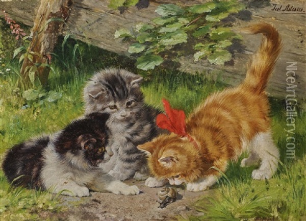 Three Kittens With A Snail Oil Painting - Julius Adam the Younger