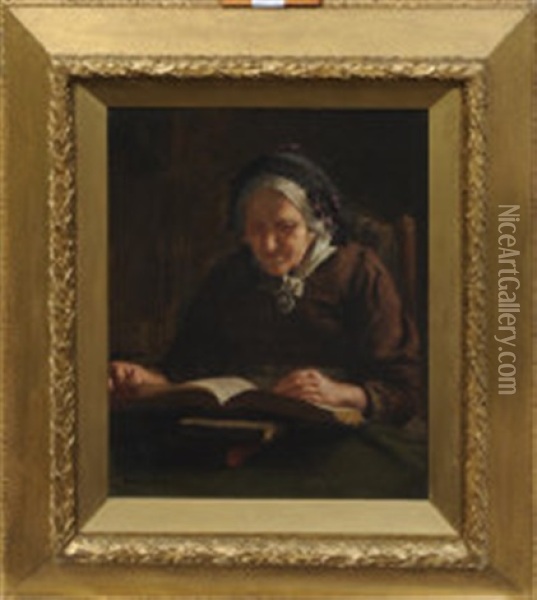 An Old Lady Reading Oil Painting - Edwin Harris