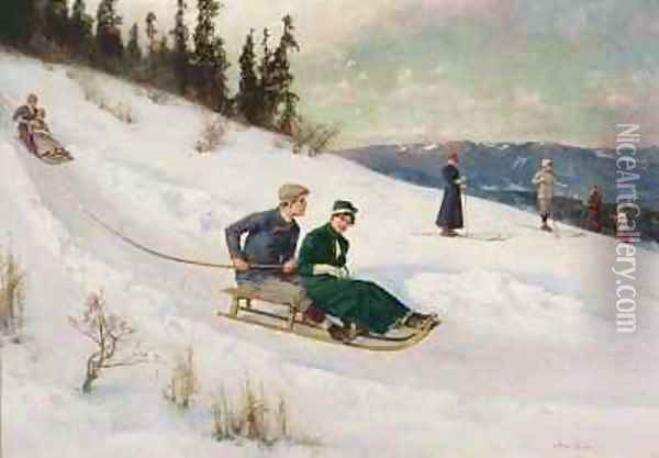 Sledge Riding and Skiing Oil Painting - Axel Ender