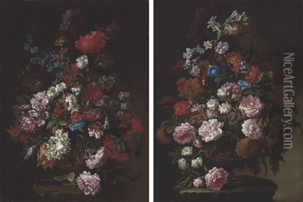 Peonies And Other Flowers In An Urn On A Ledge (+ Chrysanthemums And Other Flowers In An Urn On A Ledge; Pair) Oil Painting - Paolo Porpora