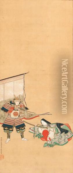 The Night Attack On Horikawa Palace: Yoshitsune And Ladyshizuka Oil Painting - Tsukioka Settei