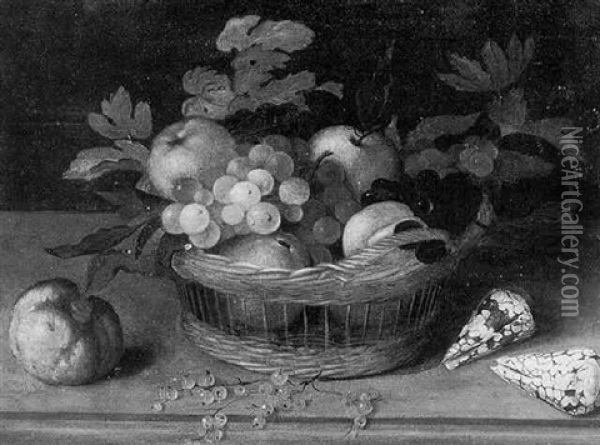 Apples And Grapes In A Basket Resting On A Table With Shells And Other Fruit Oil Painting - Balthasar Van Der Ast
