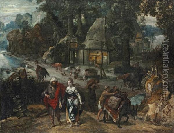 A Hamlet In A Wooded Clearing With Jacob And Rachel, Flocks At A Well Beyond Oil Painting - Frans I Francken