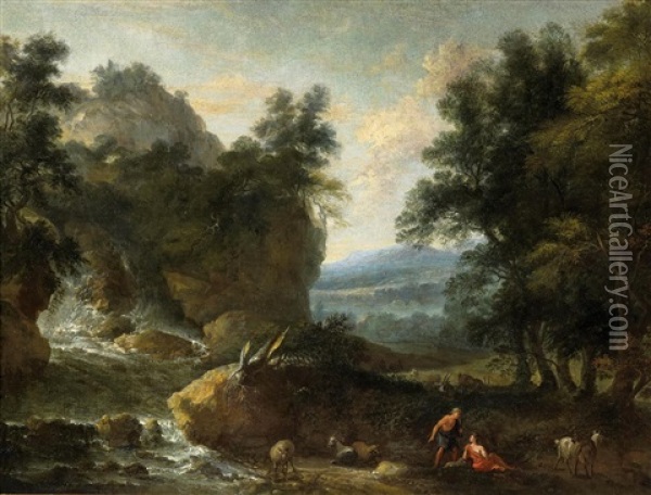 Bukolische Landschaft Mit Hirten An Einem Wasserfall Oil Painting - Jan Frans van Bloemen