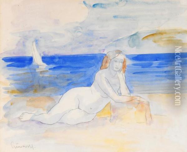 Liggande Kvinna Pa Stranden Oil Painting - Isaac Grunewald