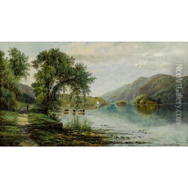 Summer Landscape With Lake And Cows Oil Painting - Edmund Darch Lewis