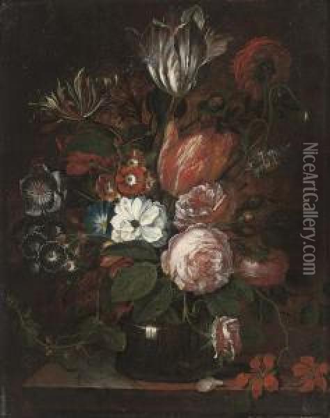 Parrot Tulips, Peonies, And Convolvulus In A Glass Vase Oil Painting - Jan Frans Van Dael