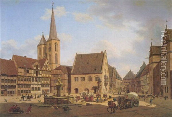 Der Holzmarkt Zu Halberstadt Mit Der Martinikirche Oil Painting - Carl Georg Adolph Hasenpflug