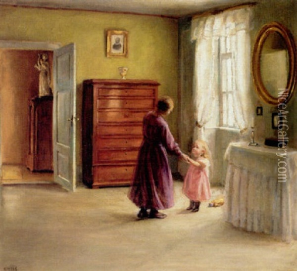Interior Med Mor Og Datter Ved Vinduet Oil Painting - Caja Prytz