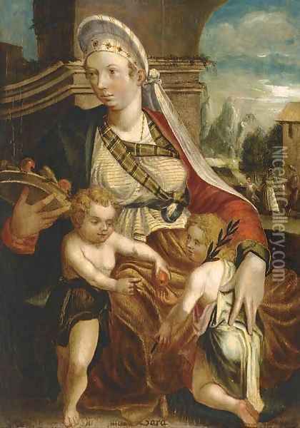 Sarah, Issac and a boy, with the banishment of Hagar and Ishmael beyond Oil Painting - Jakob Seisenegger