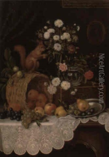 Still Life With Flowers, Fruit, And Squirrel Oil Painting - Camilla Edle von Malheim Friedlaender