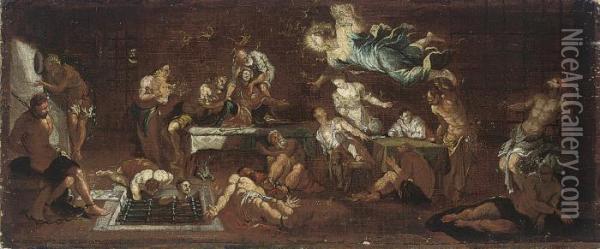 Saint Roch Visited By An Angel In Prison Oil Painting - Jacopo Robusti, II Tintoretto