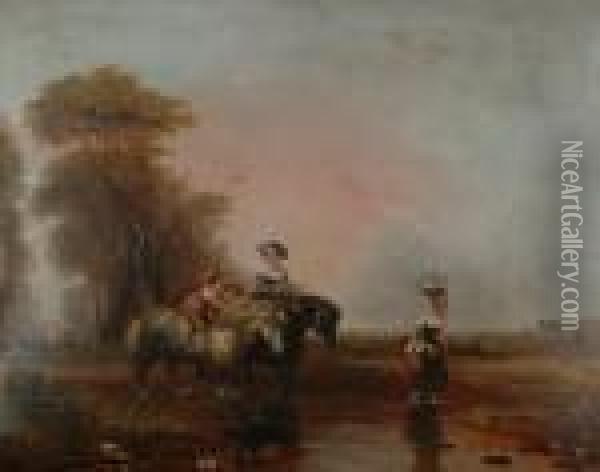 Figures On Horseback Crossing A Stream. Oil Painting - Snr William Shayer
