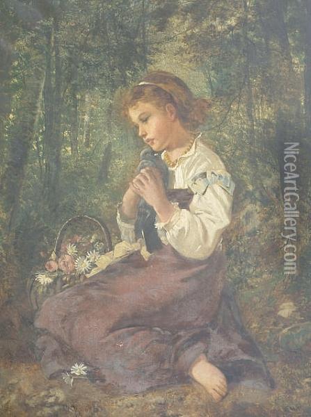 A Girl Seated In A Wood, Clutching A Dove, A Basket Of Flowers By Her Side Oil Painting - Kate Gray