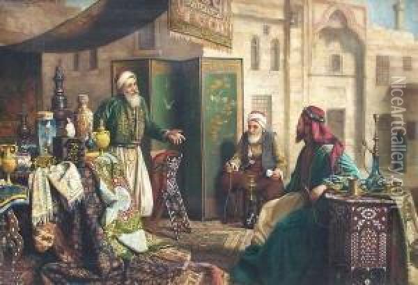 Szene Auf Einem Orientalischen Basar, Drei Manner Beim Gesprach Oil Painting - Carl Johann Spielter
