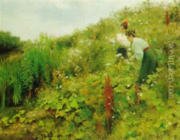 Blumen Pfluckende Madchen Oil Painting - Hermann Seeger